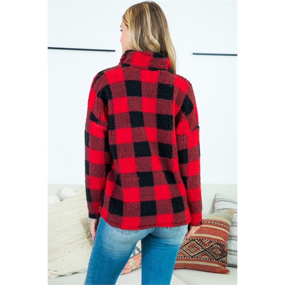 Buffalo Plaid Teddy Half Zip Pullover Jacket - Picture 7 of 9